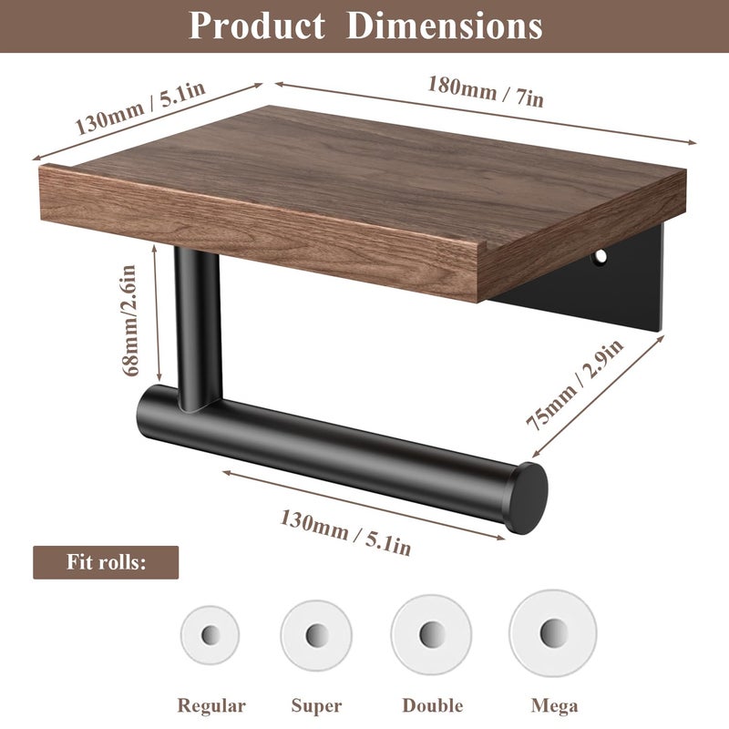 Tindbea Toilet Paper Holder with Wood Shelf  Wooden Wall Mount Tissue Paper Roll Holder  Matte Black Stainless Steel Bathroom Accessories Decor Household Home Apartment Restroom Essentials (Walnut) - Image 3