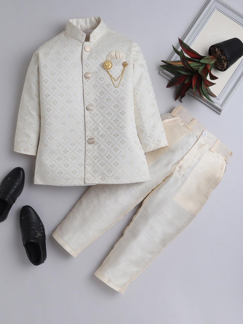 AHHAAAA Boy's Cotton 2 Piece Indo-Western Set/Kids Ethnic Wear Jaquard Sherwani, Indian wear - Ideal for any Festivals and Cultural Occasion|Beige, 6-7 Years| - Image 2