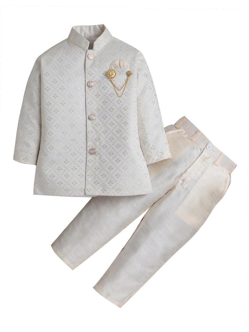 AHHAAAA Boy's Cotton 2 Piece Indo-Western Set/Kids Ethnic Wear Jaquard Sherwani, Indian wear - Ideal for any Festivals and Cultural Occasion|Beige, 6-7 Years| - Image 1