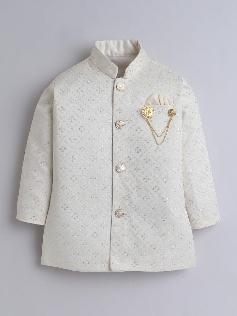 AHHAAAA Boy's Cotton 2 Piece Indo-Western Set/Kids Ethnic Wear Jaquard Sherwani, Indian wear - Ideal for any Festivals and Cultural Occasion|Beige, 6-7 Years| - Image 3