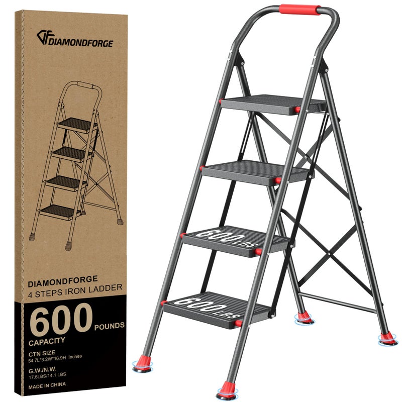 DIAMONDFORGE Step Ladder Foldable Folding Stool - for Home Adults Kitchen 4 Stepping Extension Tall Heavy Duty with Handrails - Closet Stepstool Stair Ladders Extendable Stepladder for Indoor House 600Lbs - Image 1