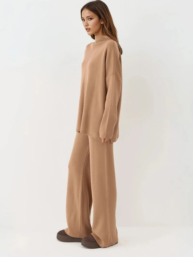 موضتي طقم محبوك مضلع من ماي فاشن بسويتر أساسي وبنطلون