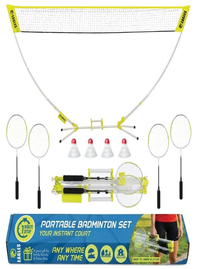 EAGLES Complete Portable Badminton Set - Quick & Easy Setup - 4 Rackets 2 Birdies Shuttlecock, 1 Net & Badmington Pole Frame for Backyard Park & Beach Games, Indoor Outdoor Sports Equipment for Family Fun - Image 1