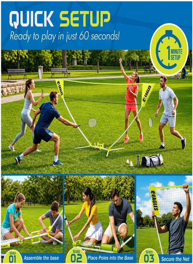 EAGLES Complete Portable Badminton Set - Quick & Easy Setup - 4 Rackets 2 Birdies Shuttlecock, 1 Net & Badmington Pole Frame for Backyard Park & Beach Games, Indoor Outdoor Sports Equipment for Family Fun - Image 2