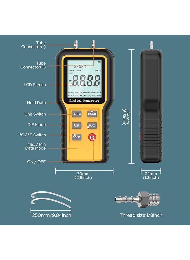 Excefore Manometer, Professional Digital Display Manometer Gas Pressure Tester, Handheld Hvac Dual-Port Manometer, 12 Selectable Units Differential Pressure Gauge, ±20.68Kpa - Image 5