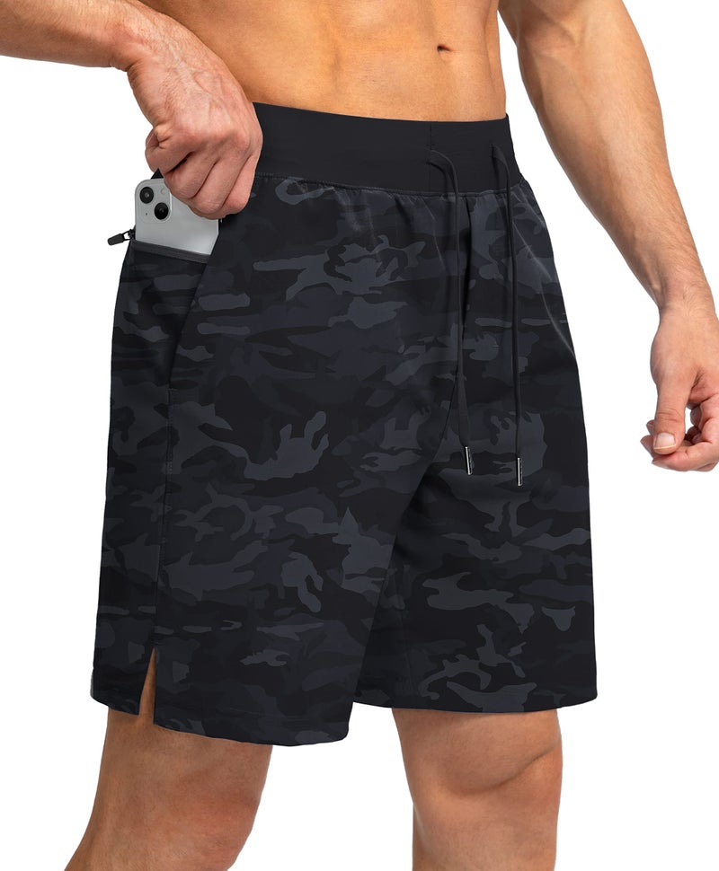 Soothfeel Men's Running Shorts with Zipper Pockets 7 Inch Lightweight Quick Dry Gym Athletic Workout Shorts for Men (Grey Camo, M) - Image 1