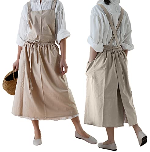 losofar Cotton Pleated Apron Retro Waterdrop Proof Garden Cleaning Pinafore Dress (Wheat, 103cmx86cm) - Image 1