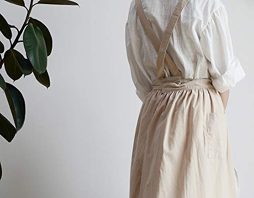 losofar Cotton Pleated Apron Retro Waterdrop Proof Garden Cleaning Pinafore Dress (Wheat, 103cmx86cm) - Image 3