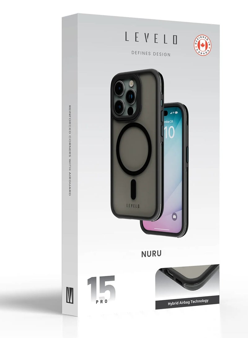 ليفيلو جراب خلفي Nuru MagSafe لهاتف iPhone 15 Pro مع شفافية عالية / مضاد للخدش 3H / حواف مقاومة للصدمات / زوايا معززة مع Airguard / تصميم يتميز بتقنية Hybrid Airbag - أسود غير لامع - Image 3