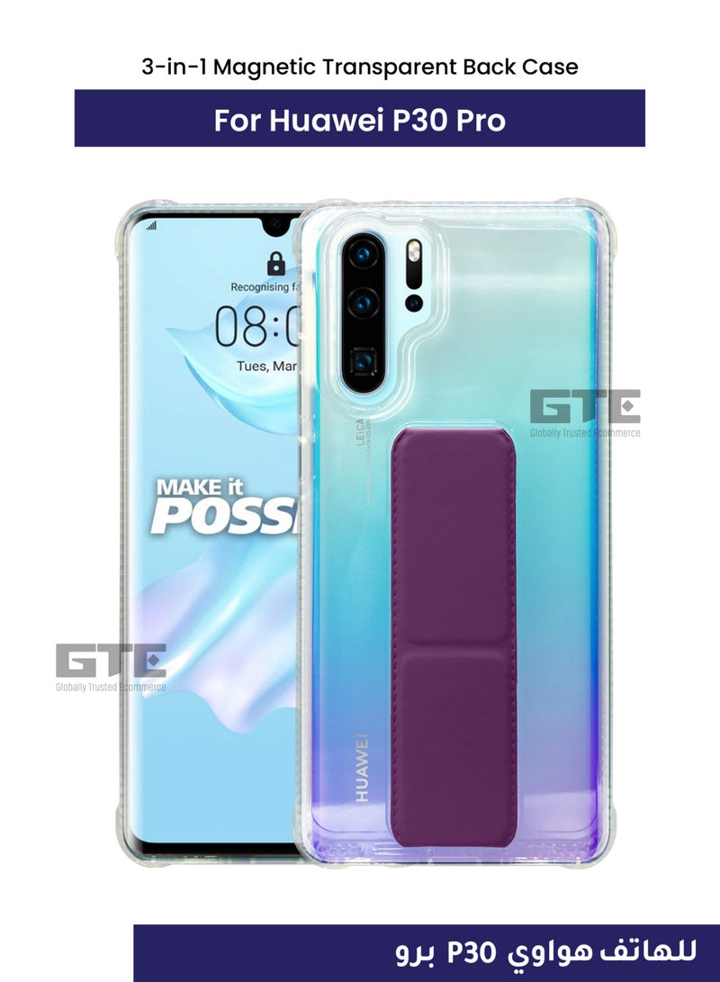 3-in-1 Magnetic Transparent Wrist Strap Hand Grip Stand Back Case Cover  for Huawei P30 Pro-Clear/Dark Purple