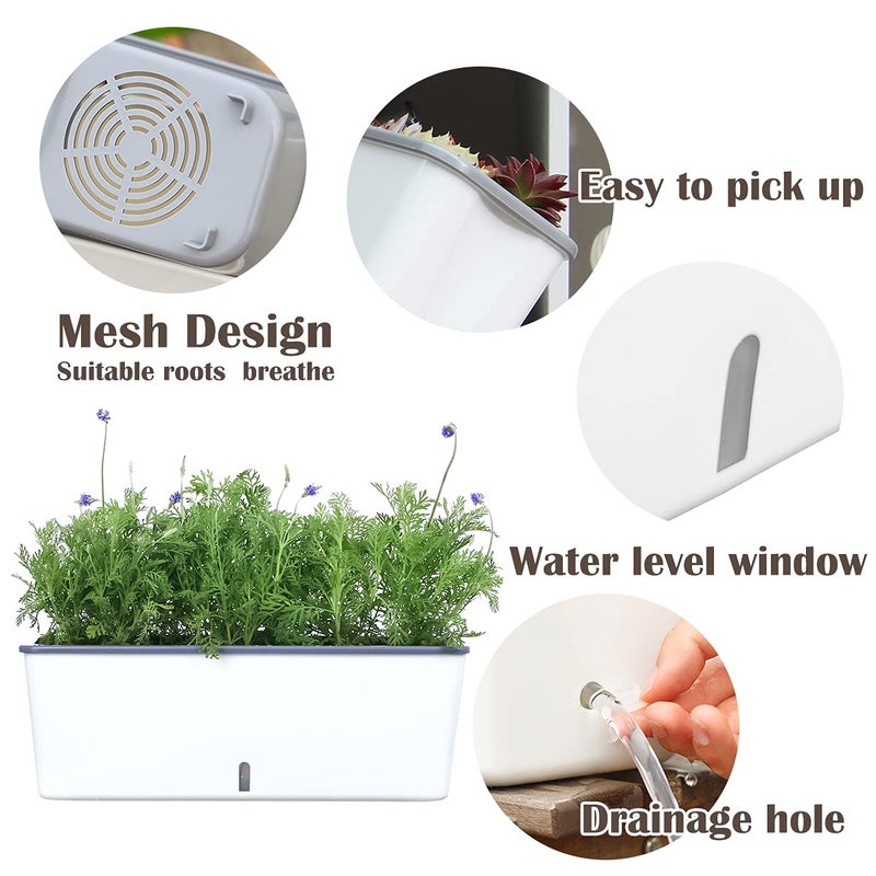 Planterhoma 4 Pack Rectangular Planter 17 x 4.5 in Self Watering Planter Window Sill Planters Indoor Rectangle Planter Self Watering Pots Plastic Plant pots with Drainage Holes White Flower Pot Indoor - Image 5