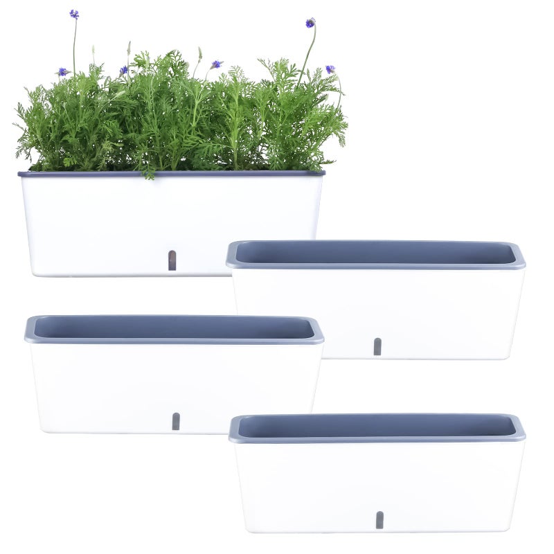 Planterhoma 4 Pack Rectangular Planter 17 x 4.5 in Self Watering Planter Window Sill Planters Indoor Rectangle Planter Self Watering Pots Plastic Plant pots with Drainage Holes White Flower Pot Indoor - Image 1