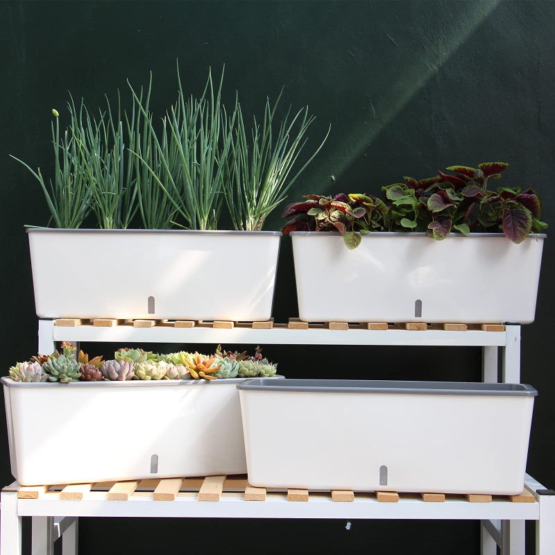Planterhoma 4 Pack Rectangular Planter 17 x 4.5 in Self Watering Planter Window Sill Planters Indoor Rectangle Planter Self Watering Pots Plastic Plant pots with Drainage Holes White Flower Pot Indoor - Image 2