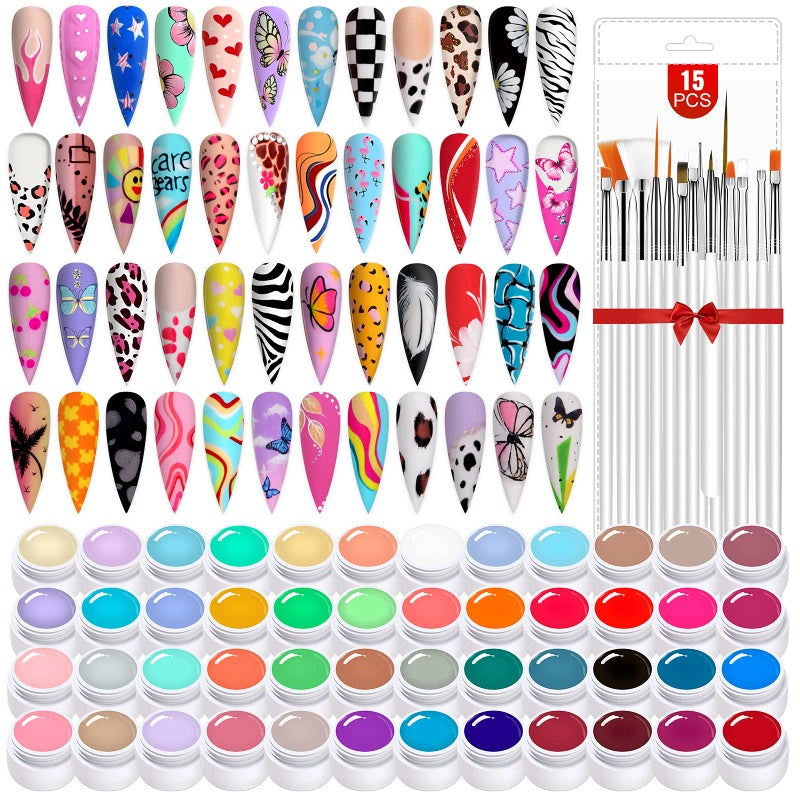 SAVILAND 48 Colors Gel Paint Kit: Solid Nail Art Painting Gel Polish Set with 15pcs Nail Art Brushes for Drawing Painting Home DIY Salon Manicure Supplies Christmas Gift for Women - Image 1