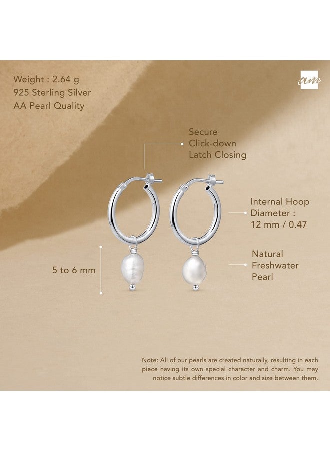 Amberta Women 925 Sterling Silver Freshwater Pearl Earrings: 12 Mm Pearl Hoop Earrings - Silver - Image 3