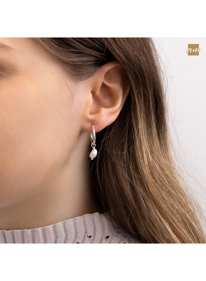 Amberta Women 925 Sterling Silver Freshwater Pearl Earrings: 12 Mm Pearl Hoop Earrings - Silver - Image 1