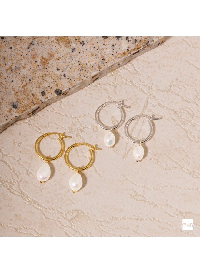 Amberta Women 925 Sterling Silver Freshwater Pearl Earrings: 12 Mm Pearl Hoop Earrings - Silver - Image 2