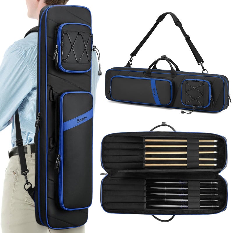 BOSSTIN Pool Cue Case Pool Stick Bag 5x5 with Multiple Pockets Holds 5 Butts 5 Shafts Soft Padded Billiard Cue Backpack with Adjustable Shoulder Straps for Easy Carry Blue - Image 2