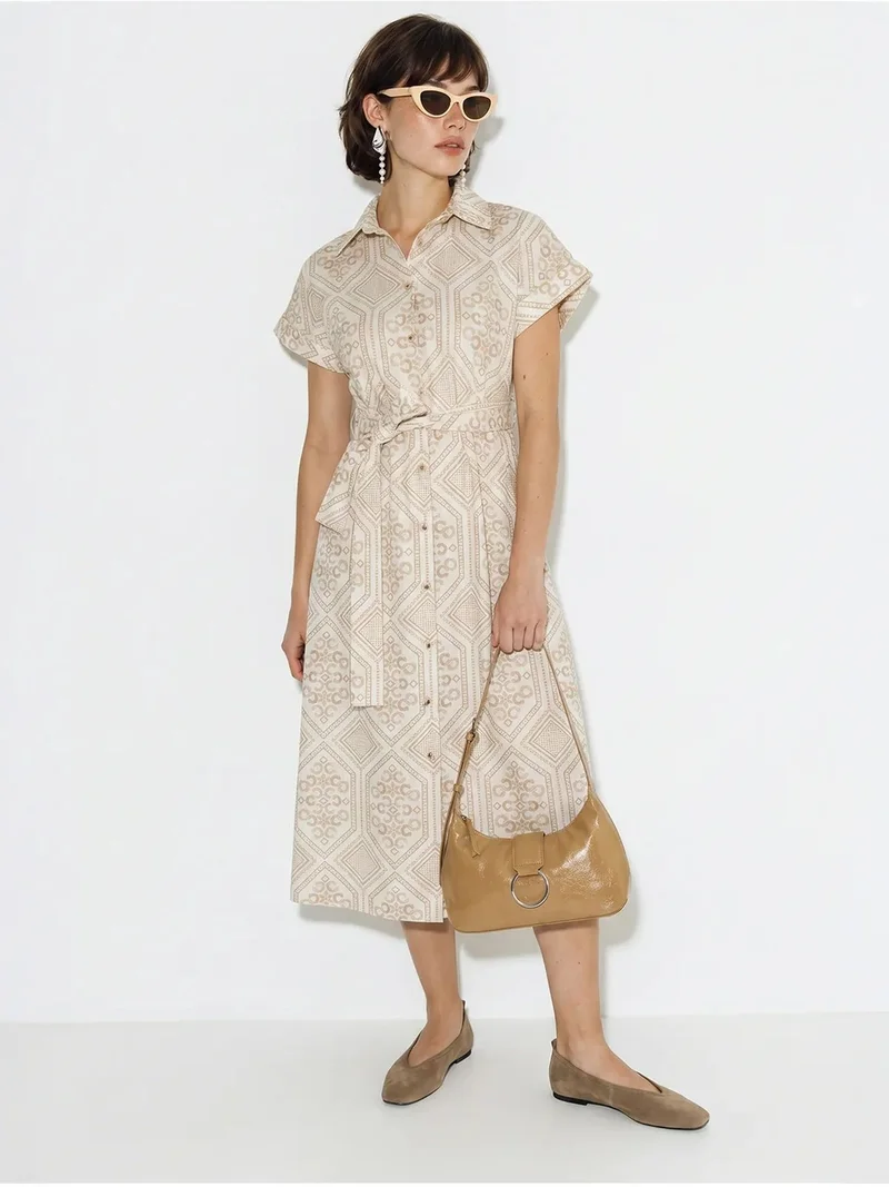 بيانكو لوتشي LUCCI Belted Geometric Cotton Midi Shirt Dress