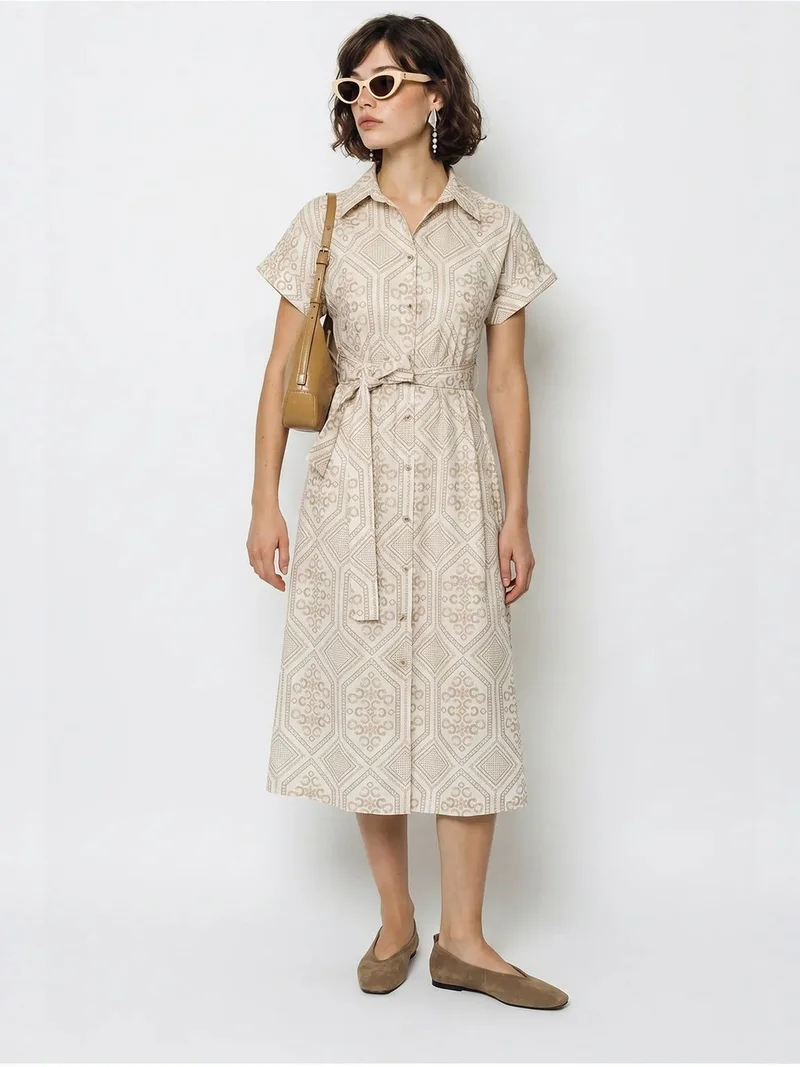 بيانكو لوتشي LUCCI Belted Geometric Cotton Midi Shirt Dress