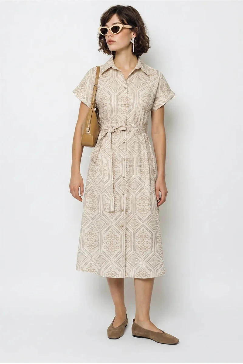 Bianco Lucci LUCCI Belted Geometric Cotton Midi Shirt Dress