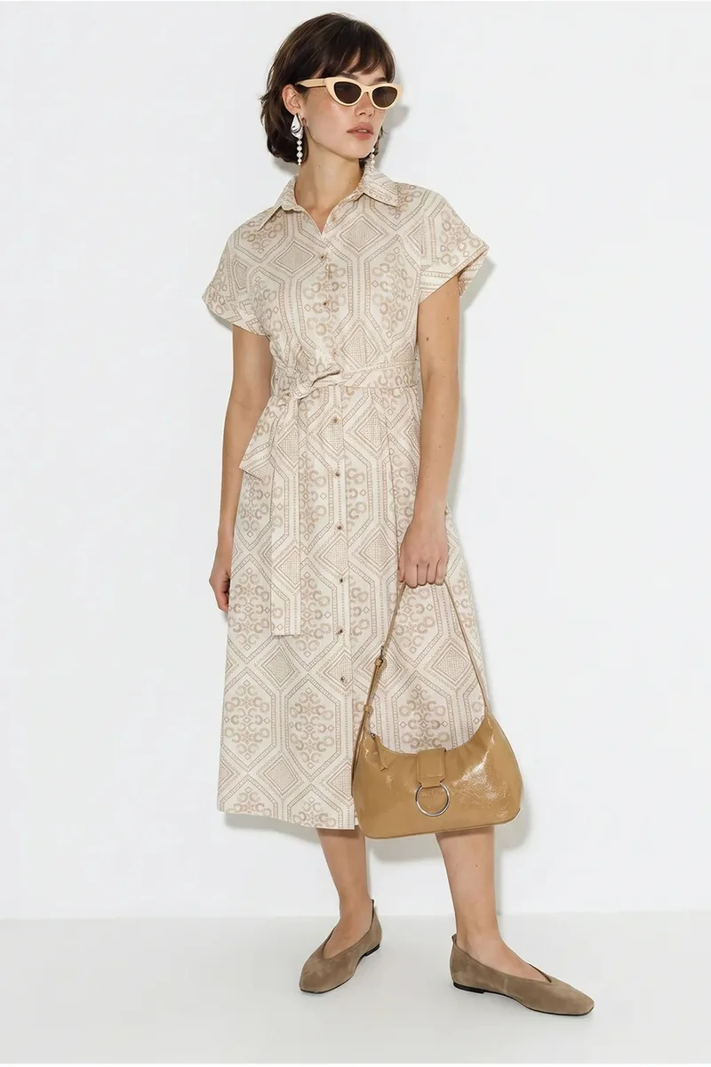 Bianco Lucci LUCCI Belted Geometric Cotton Midi Shirt Dress