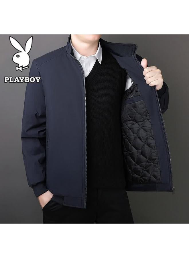 Playboy Men's Cotton Padded Autumn Winter Jacket, Plus Size Business Casual Windproof Stand Collar Coat, Black, L - Image 2