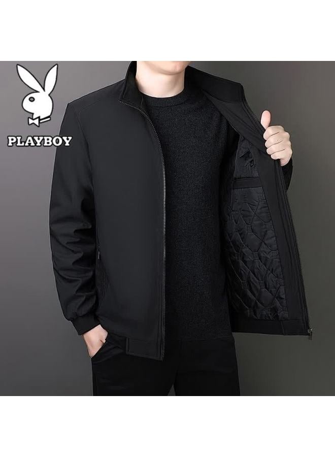 Playboy Men's Cotton Padded Autumn Winter Jacket, Plus Size Business Casual Windproof Stand Collar Coat, Black, L - Image 1