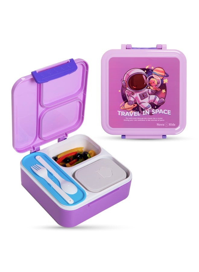 Nova kids صندوق غداء نوفا كيدز بثلاثة أقسام مع مجموعة ملعقة وشوكة وعلبة صلصة من الفولاذ المقاوم للصدأ - أسترو نوت بنفسجي - Image 1