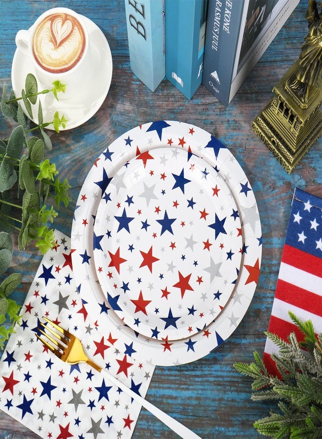 Whaline مجموعة أدوات المائدة الاحتفالية من واهلين 72 قطعة باللونين الأحمر والأزرق مع نجوم، أدوات مائدة قابلة للتصرف 48 قطعة، أطباق ورقية 24 قطعة، مناديل لاحتفالات يوم الاستقلال 4 يوليو، مستلزمات تزيين الطاولة - Image 3