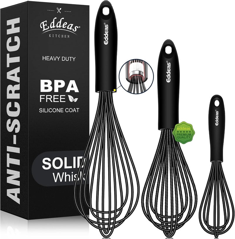Eddeas Whisks For Cooking - 500 °F Heat Resistant Silicone Whisk, Heavy Duty 7",9"&11inch Non-Scratch Balloon Kitchen Wisk tool Set, for cooking Wisking, Blending, Beating, Stirring, 3 Piece Black - Image 1