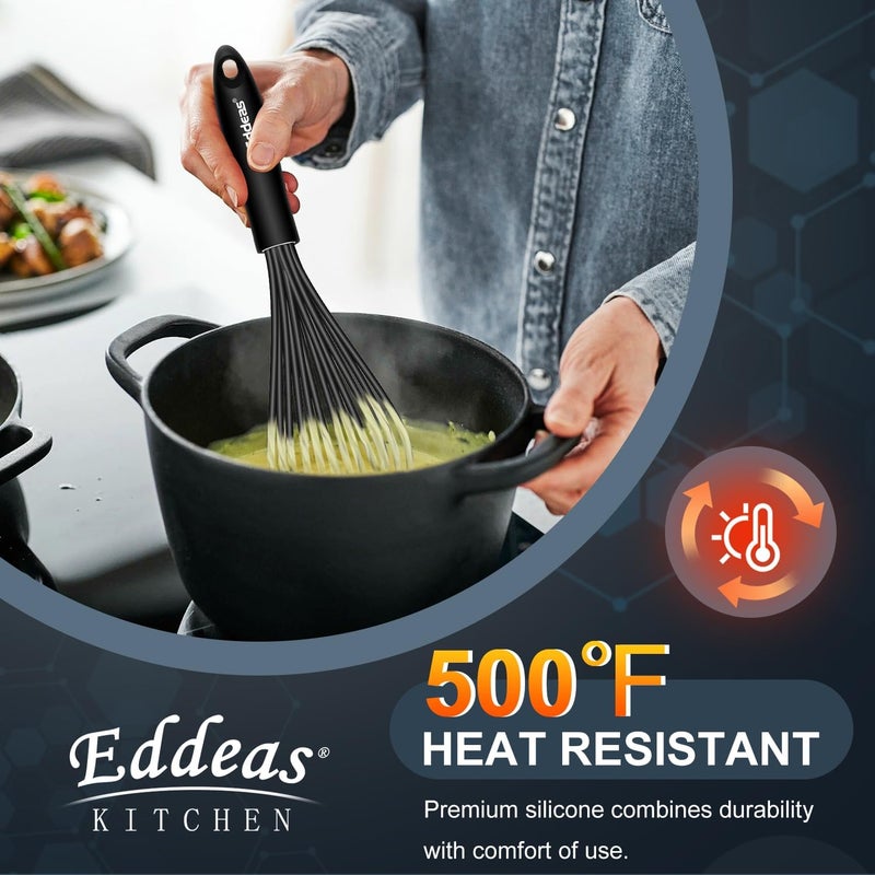 Eddeas Whisks For Cooking - 500 °F Heat Resistant Silicone Whisk, Heavy Duty 7",9"&11inch Non-Scratch Balloon Kitchen Wisk tool Set, for cooking Wisking, Blending, Beating, Stirring, 3 Piece Black - Image 3