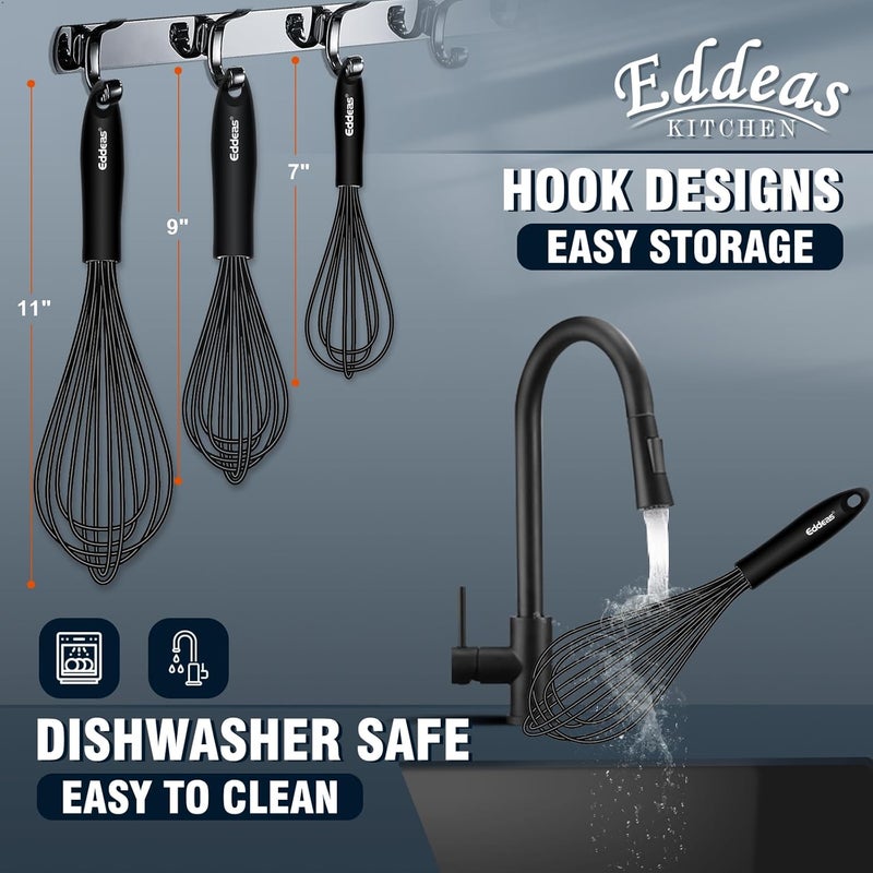 Eddeas Whisks For Cooking - 500 °F Heat Resistant Silicone Whisk, Heavy Duty 7",9"&11inch Non-Scratch Balloon Kitchen Wisk tool Set, for cooking Wisking, Blending, Beating, Stirring, 3 Piece Black - Image 5