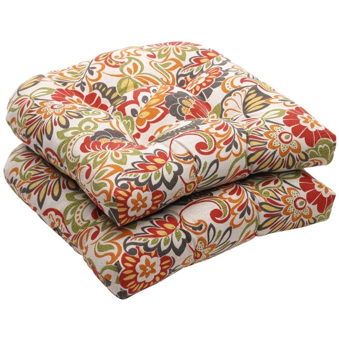 BRIGHT FLORAL INDOOROUTDOOR CHAIR SEAT CUSHION TUFTED WEATHER AND FADE RESISTANT 19 X 19 GREENRED ZOE 2 COUNT