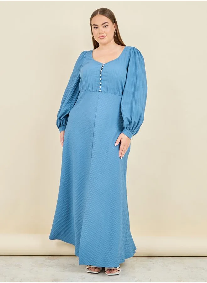 Styli Textured Button Closure A-Line Maxi Dress