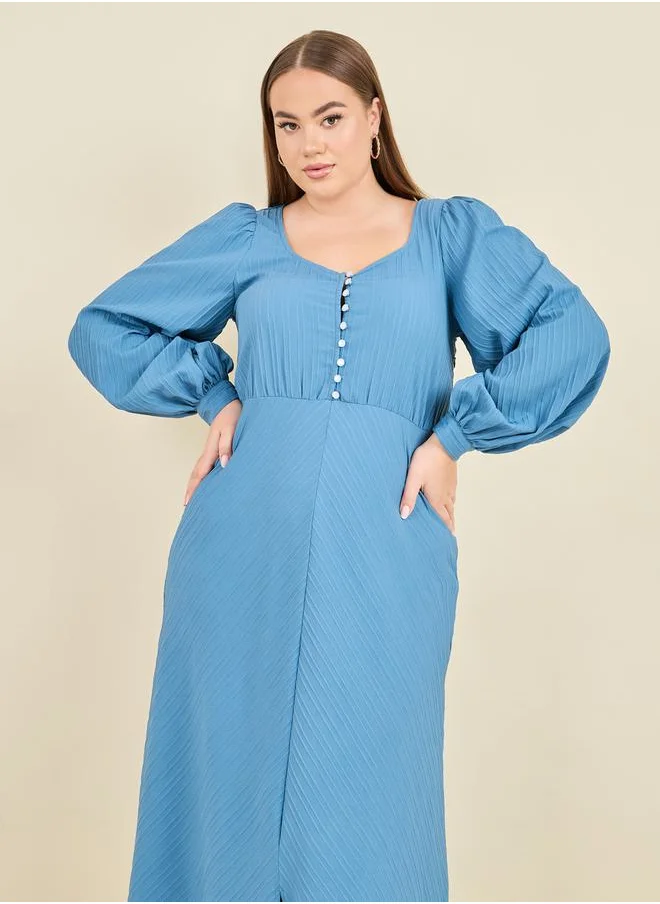 Styli Textured Button Closure A-Line Maxi Dress