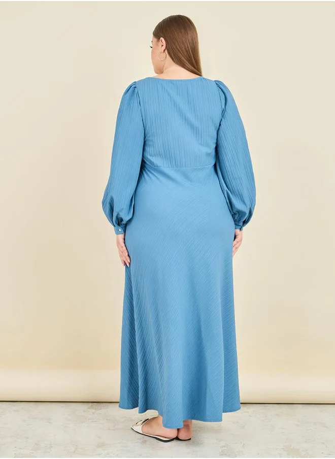 Styli Textured Button Closure A-Line Maxi Dress