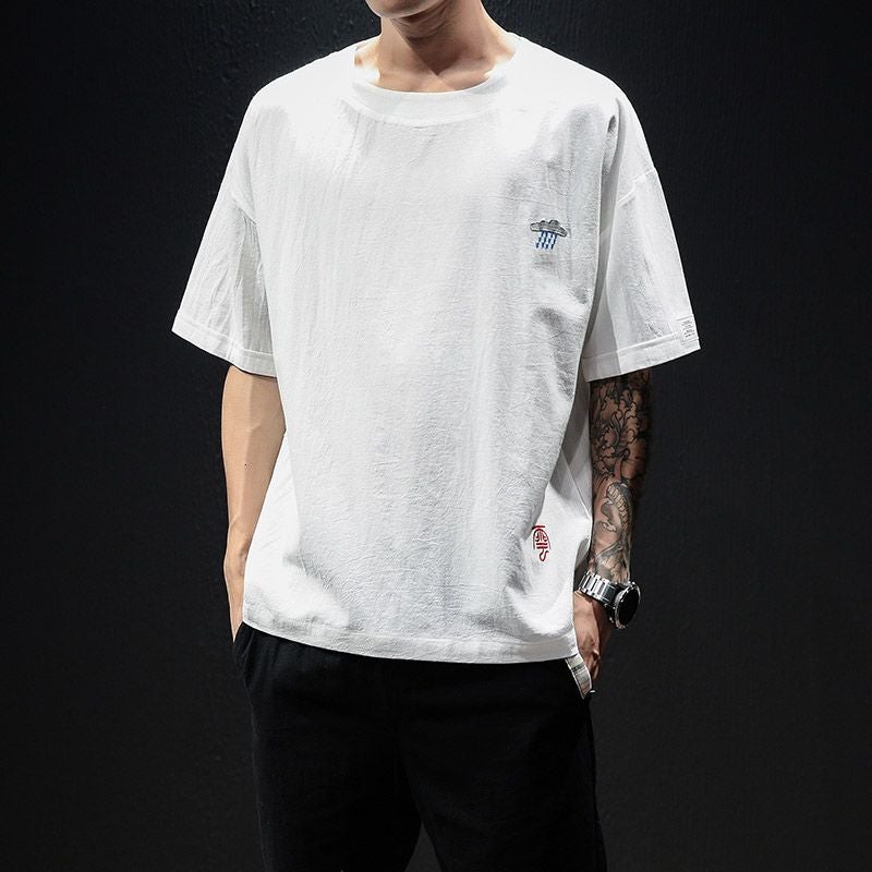 Linen T-shirt Men's Summer Thin Chinese Style Short-sleeved Embroidered Cotton Linen Half-sleeved Loose Top Trendy Brand Ice Silk T-shirt - Image 2