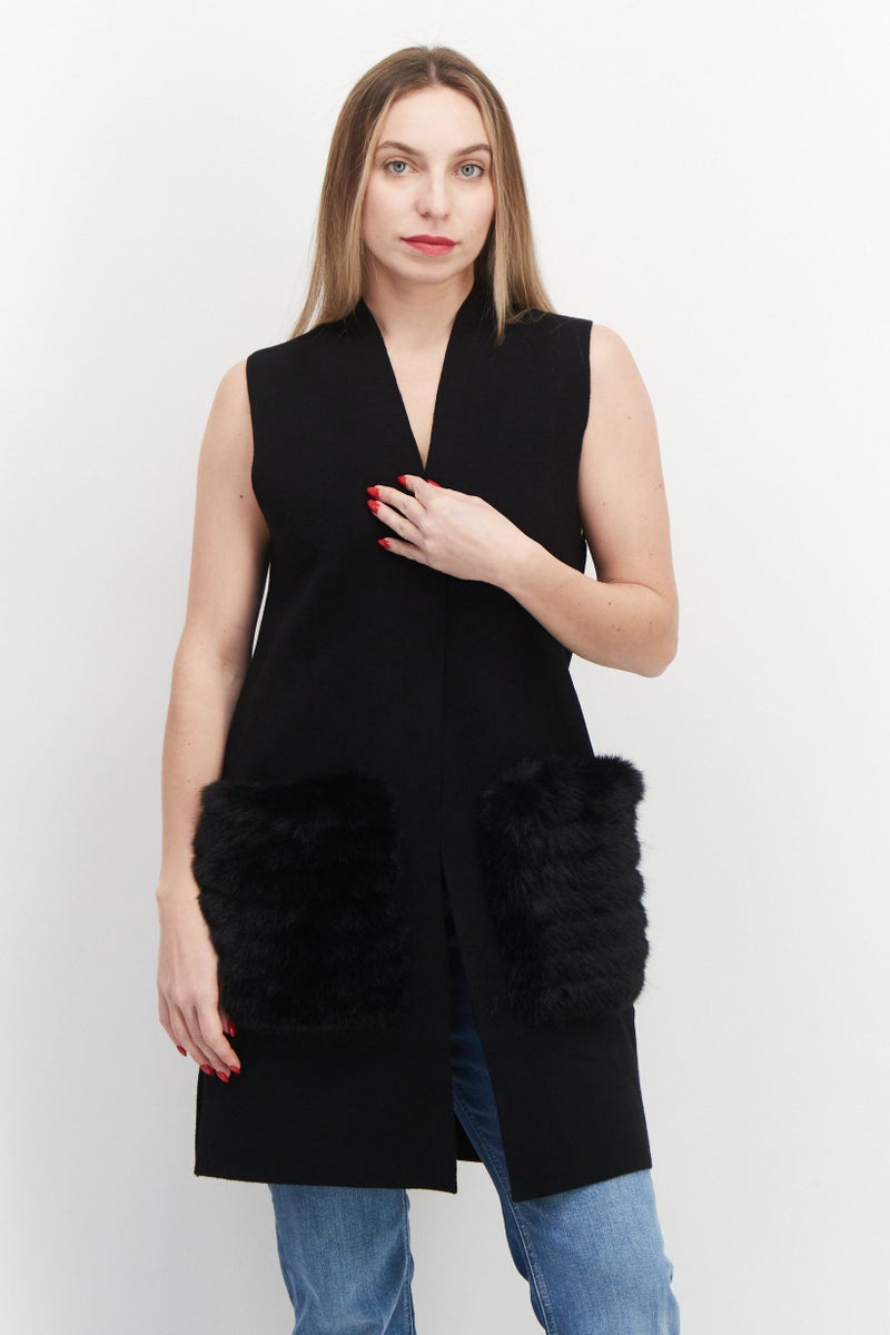 CARMEN MARC VALVO Women Split Neck Sleeveless Sweaters, Black - Image 1