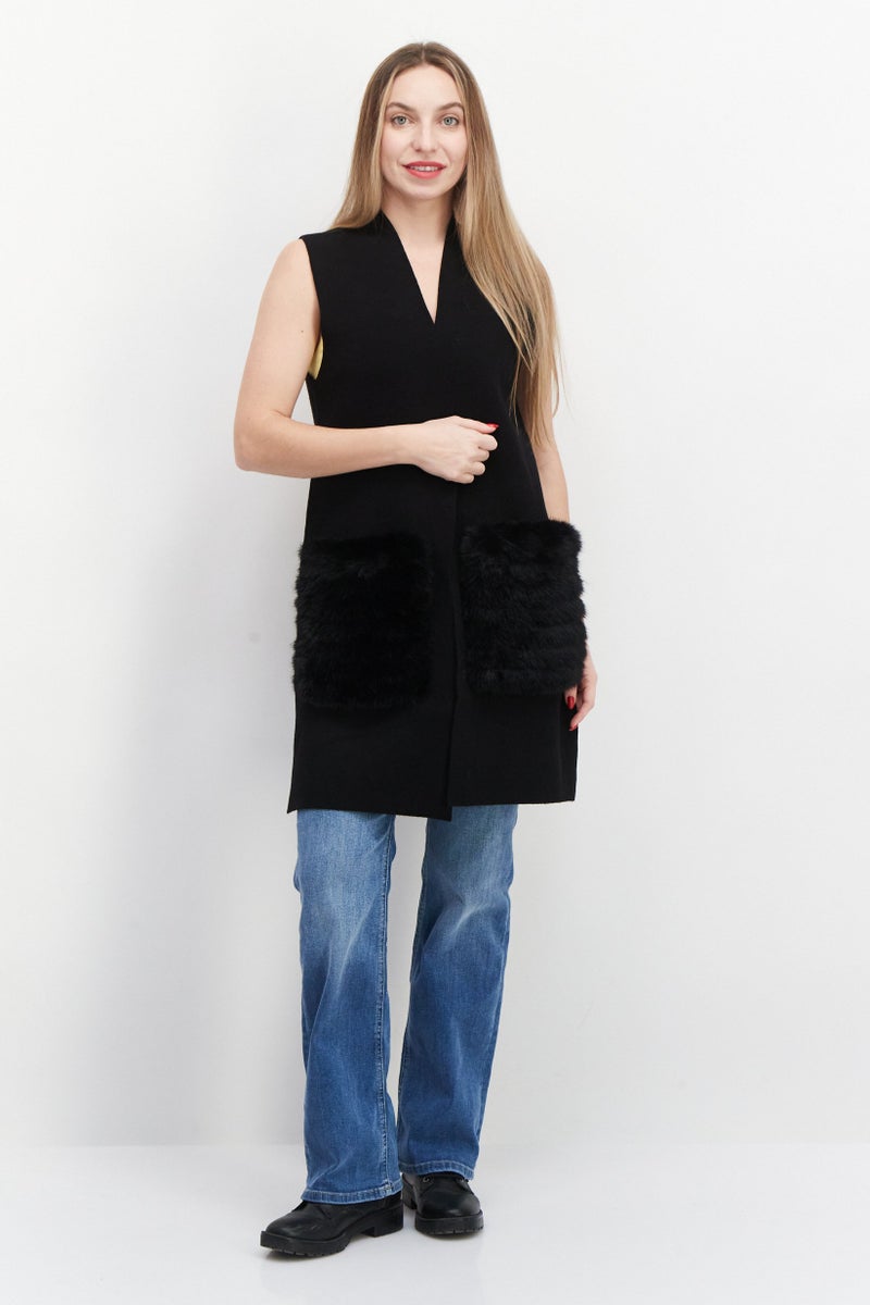 CARMEN MARC VALVO Women Split Neck Sleeveless Sweaters, Black - Image 2