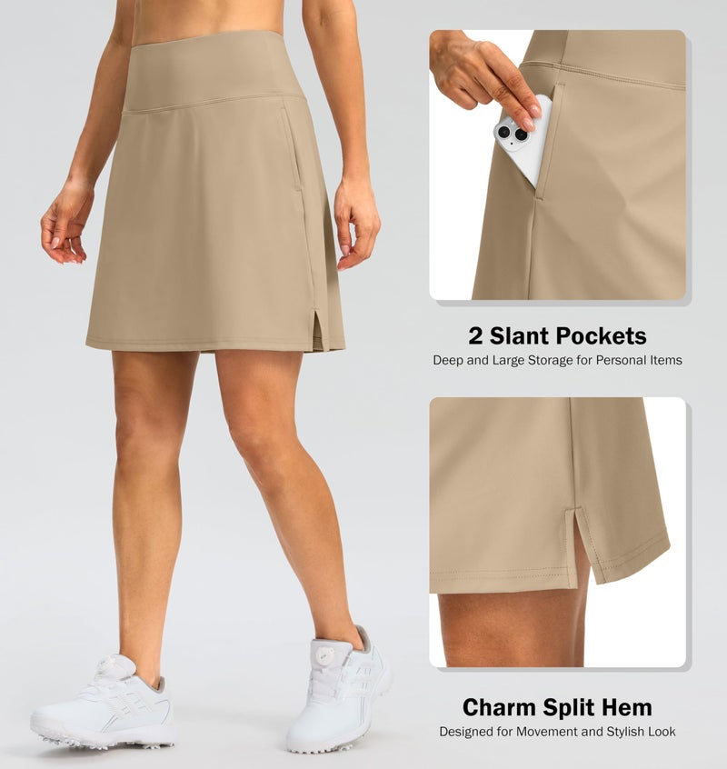 SANTINY 18" Skorts for Women 3 Pockets High Waist Long Athletic Tennis Skirt Golf Skort for Casual Summer Travel (Khaki_XL) - Image 4