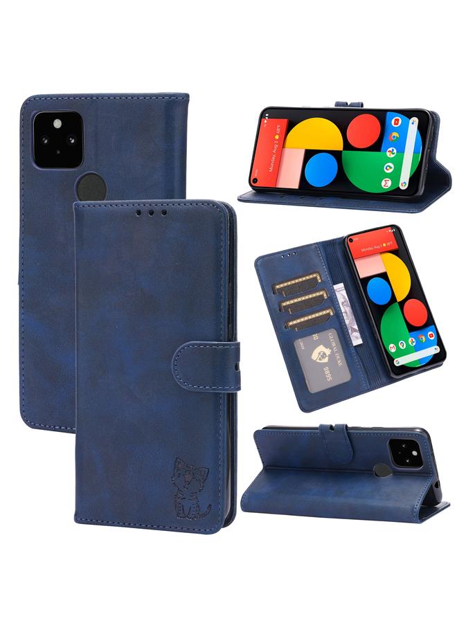 The Bros Case For Google Pixel 5a 5G Embossed Happy Cat Pattern Horizontal Flip Leather Case with Holder & Card Slots & Wallet  - Image 1