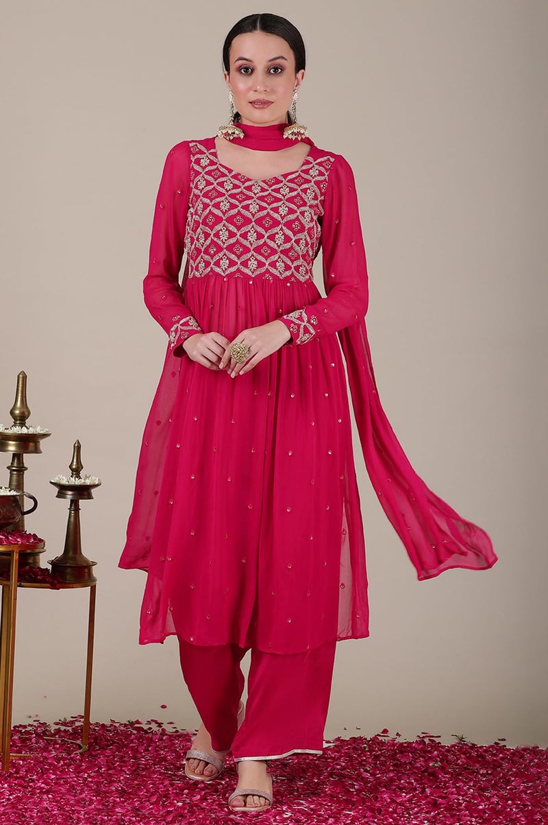 Aurelia Women’s Floral Printed Straight Kurta Set with Palazzos and Dupatta for Women - Image 2