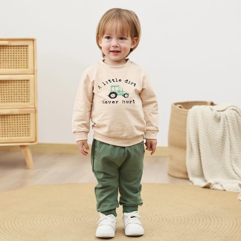 Yvowming Baby Boy Clothes Fall Clothes Truck Print Long Sleeve Pullover Tops + Pant Sets Toddler Winter Outfits (Khaki, 12-18 Months) - Image 2
