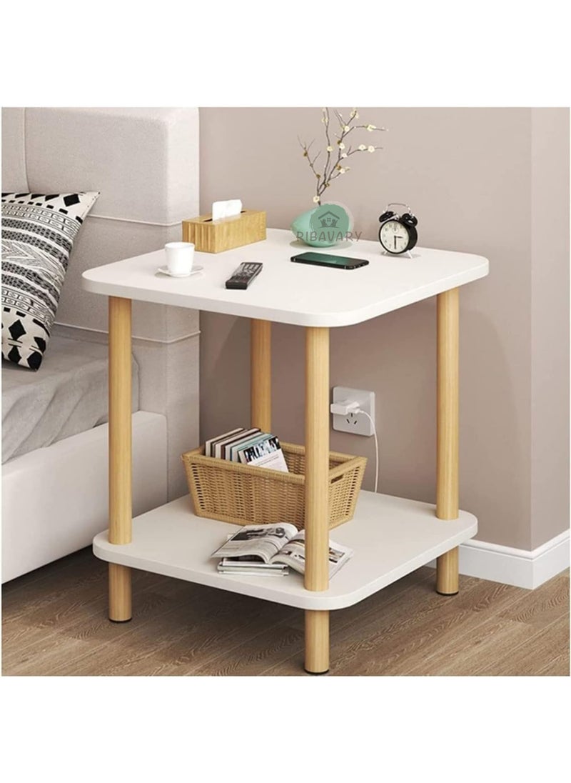 RIBAVARY RIBAVARY Wooden 2Tier Side Table Tall End Table with Storage Rack Wooden Nightstand Bedside Table for Living Room Bedroom and Office White1 