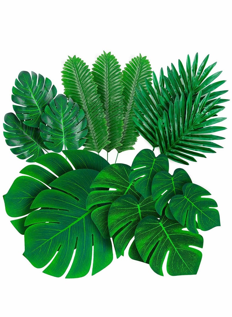 Palm Leaves Artificial Tropical Monstera, 84 Pcs 6 Kinds Large and Small, Green Fake Palm Leaf Decorations, with Stems for Jungle, Party, Table Decoration, Wedding Birthday Theme Party. - Image 1