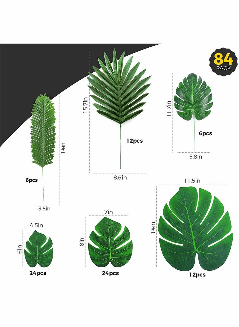 Palm Leaves Artificial Tropical Monstera, 84 Pcs 6 Kinds Large and Small, Green Fake Palm Leaf Decorations, with Stems for Jungle, Party, Table Decoration, Wedding Birthday Theme Party. - Image 2