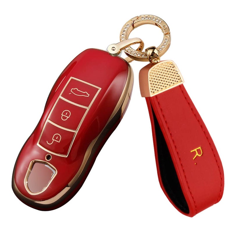 SANRILY Soft TPU Goldenedge Key Cover for Porsche 911 Cayenne Panamera Macan Keyless Full Protection Key Case Shell with Leather Keychain Red
