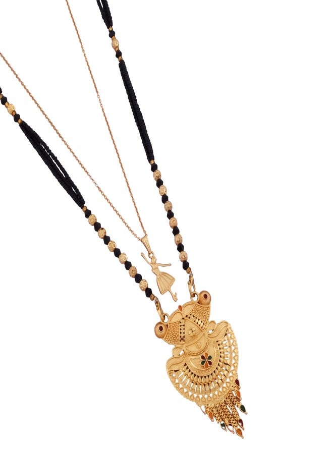 MALKYN Women's Gold Plated Floral Motif Mangalsutra with Red Enamel Accents and Ballerina Pendant Layered Necklace Set, Traditional Black Beaded Indian Jewelry-MD-146 - Image 1