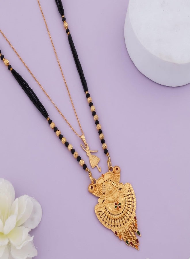MALKYN Women's Gold Plated Floral Motif Mangalsutra with Red Enamel Accents and Ballerina Pendant Layered Necklace Set, Traditional Black Beaded Indian Jewelry-MD-146 - Image 2